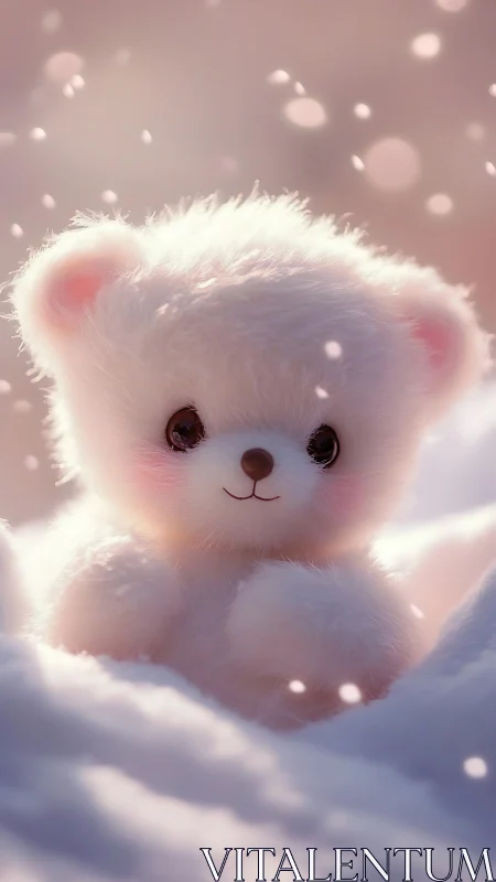 Snowlit plush bear portrait with soft bokeh glow.