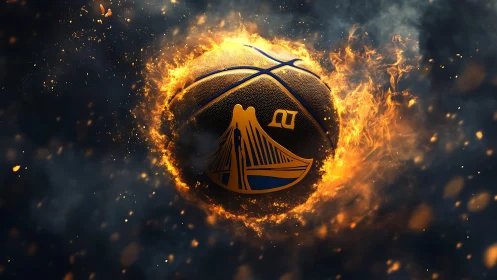 Fiery basketball blazes through smoky night sky in motion.