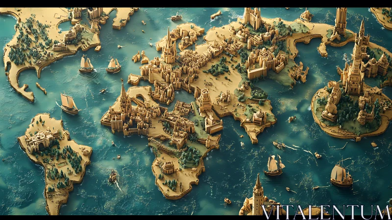Fantasy world map rendered as ornate miniature cities.