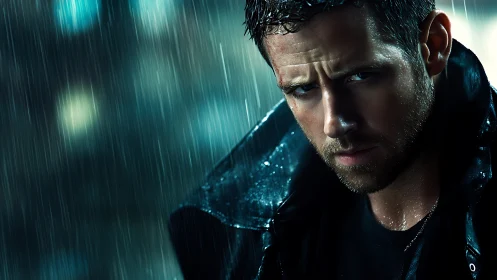 Brooding male portrait under neon rain with cinematic lighting