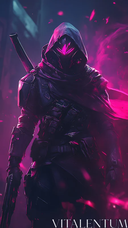 Hooded cyber assassin strides through neon magenta storm