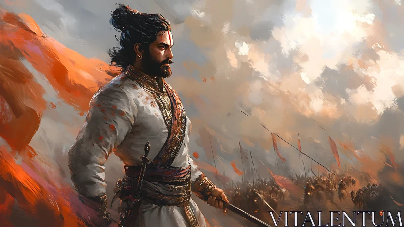 Digital painting of regal warrior commander in storm-lit battlefield.