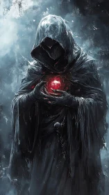 Hooded dark mage conjures crimson orb in icy mist.
