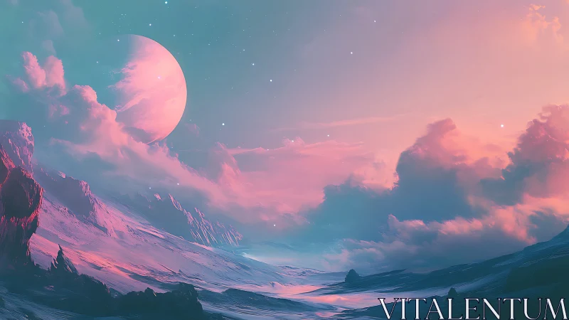 Pastel alien horizon under luminous rising planet