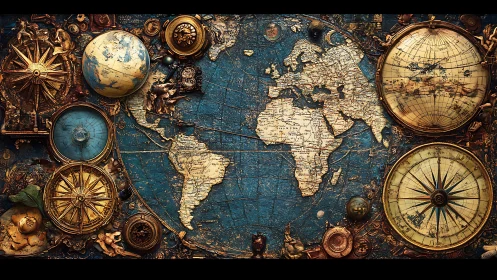 Clockwork continents drift through an antique navigator’s dream