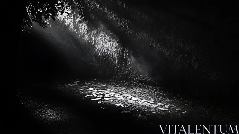 Single beam of light reveals lonely cobblestone path.