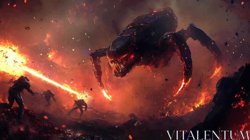 Colossal mech arachnid assault in molten battlefield inferno.