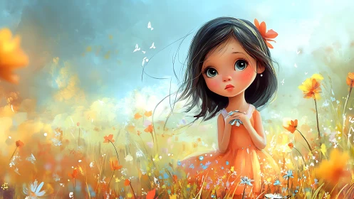 Daydreaming girl in orange dress amid whispering wildflowers.