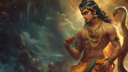 Mythic warrior prince in golden stormlit fantasy landscape.