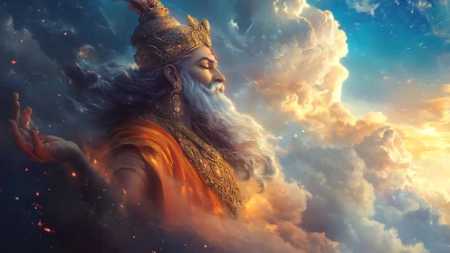 Celestial sage in orange robes amid radiant luminous clouds