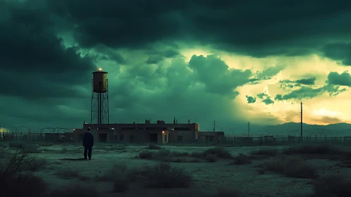 Storm-lit desert compound beneath looming green clouds.