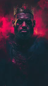 Crowned male portrait is rendered in high-contrast digital art