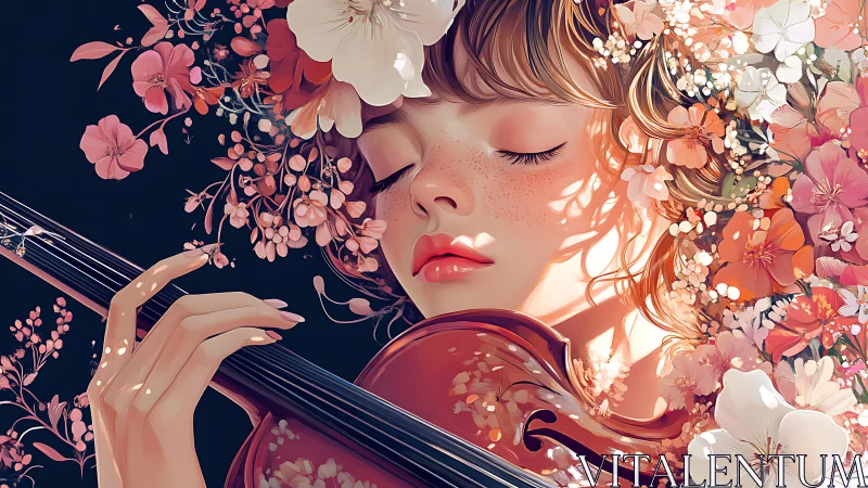 Young violinist in floral surroundings with closed eyes.