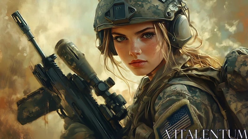 Female soldier holds rifle and faces viewer in combat gear
