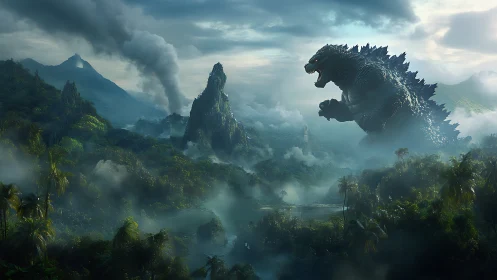 Giant reptilian creature towers above misty volcanic jungle