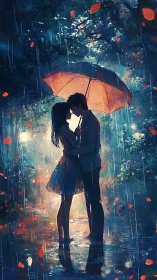 Couple kissing under glowing orange umbrella in rain.