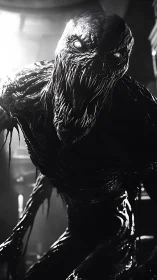 Monochrome viscous creature lunges forward with specular highlights