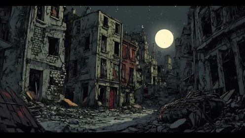 Ruined urban street under full moon with derelict buildings.