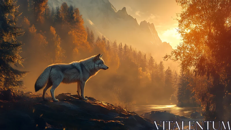 Lone wolf surveys glowing river valley at golden sunrise