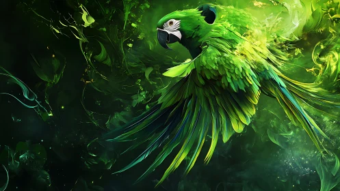 Emerald parrot bursts through swirling abstract jungle light