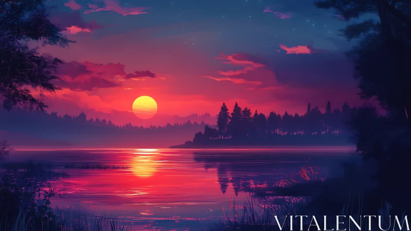 Crimson sunset paints tranquil forest lake with mirrored glow