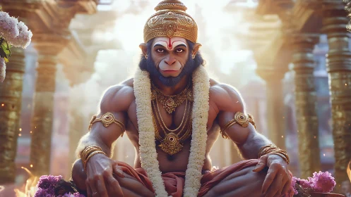 Majestic monkey deity seated in golden temple light.