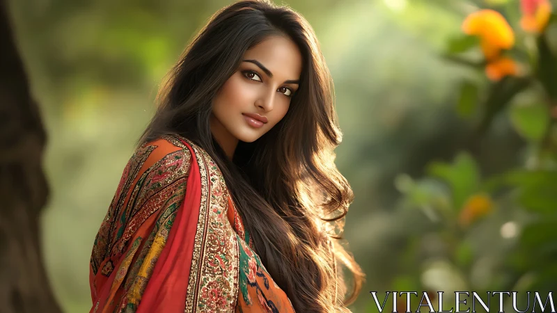 Portrait of woman in patterned shawl outdoors at sunset.