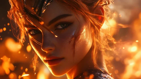 Ember-crowned warrior stares through rising storm of sparks.