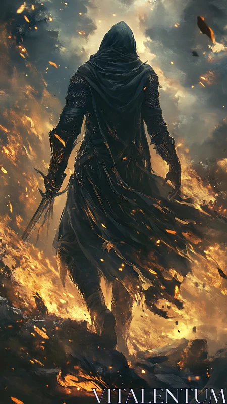 Hooded warlock strides through infernal storm of embers.