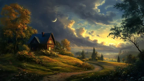 Cozy cottage under a glowing crescent sky at sunset.