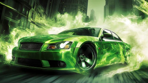 Neon green street racer surges through smokey cityscape.