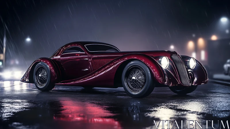 Sleek vintage coupe glows on a rainy neon city street at night