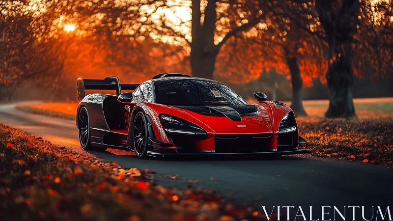 Aerodynamic red hypercar under warm autumn backlit tree canopy
