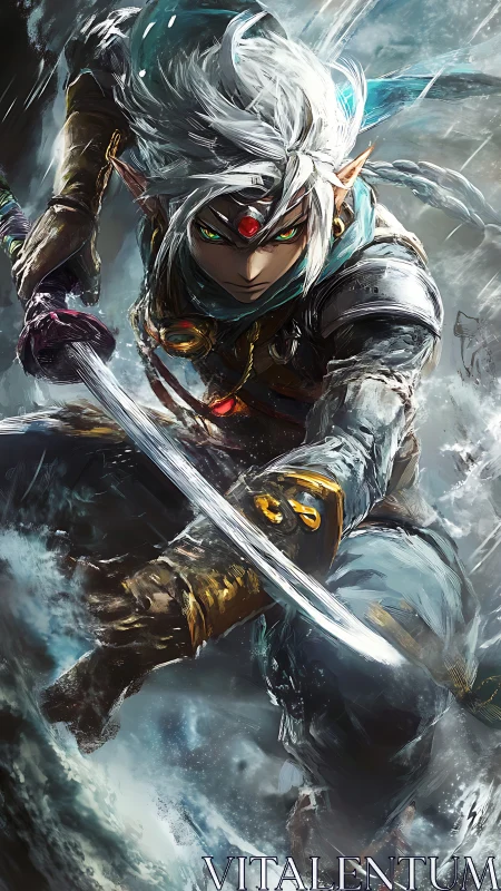 Dynamic elven swordsman lunges forward with motion-blurred steel