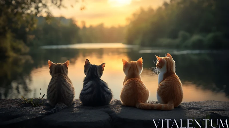 Four Cats in Contemplative Riverside Pose at Golden Hour.