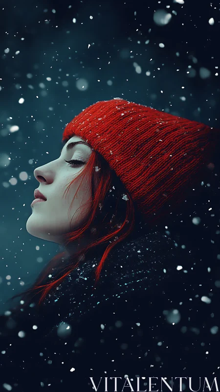 Side profile of person in red hat under falling snowflakes