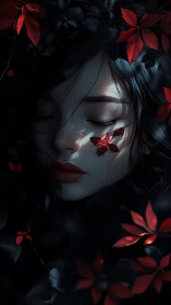 Sleeping woman in dark foliage with vivid red leaves