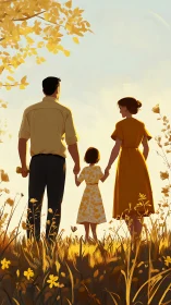 Sunlit family trio walking through golden summer field.