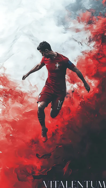 Crimson striker leaping from storm clouds of painted fire.