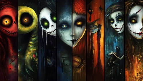 Elongated gothic portraits of stitched-eyed spectral figures