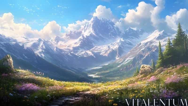 Mountain valley landscape shows snowy peaks and flowered path