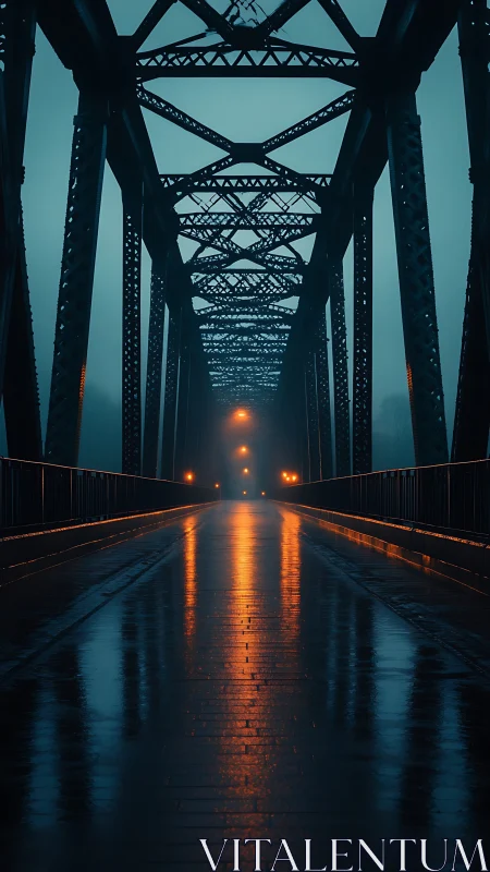 Wet steel truss bridge in fog with axial sodium lighting field.