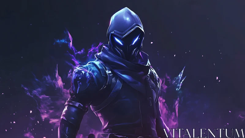 Shadowy neon warrior stands wrapped in swirling violet energy
