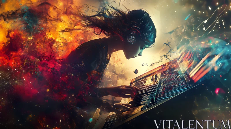 Woman at futuristic keyboard in swirling cosmic colors.