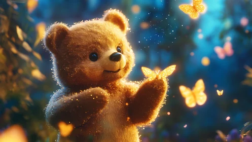 Bioluminescent butterflies interacting with soft furred bear.