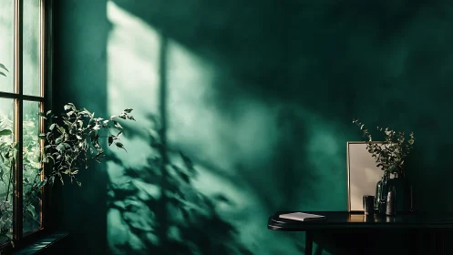 Sunlit green interior wall shows window shadows and table objects