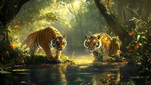 Bengal Tigers in Golden Jungle Stream. Digital Rendering.