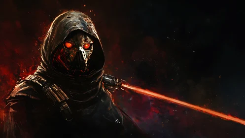 Hooded masked warrior with red energy blade in darkness.