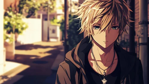 Golden-haired boy in evening streets, quietly lost in thought.