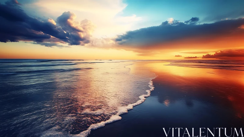 Sunset shoreline reflects stratified clouds in saturated hues